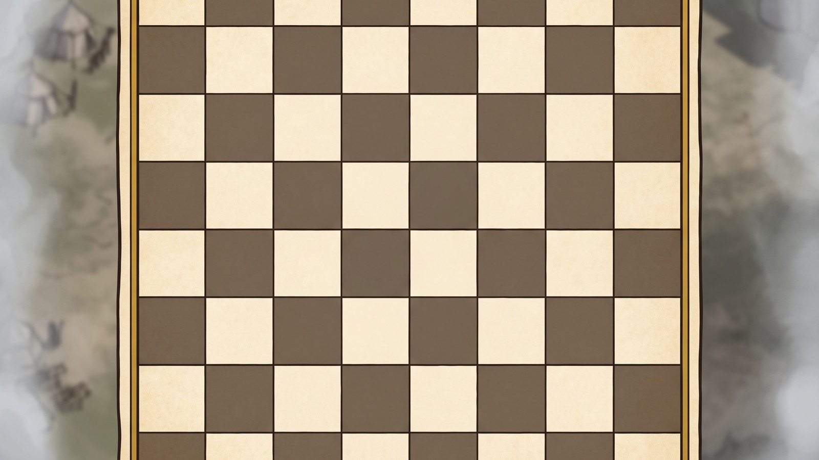An eight-by-eight chessboard drawn as a stone courtyard seen from above, in warm parchment tones.