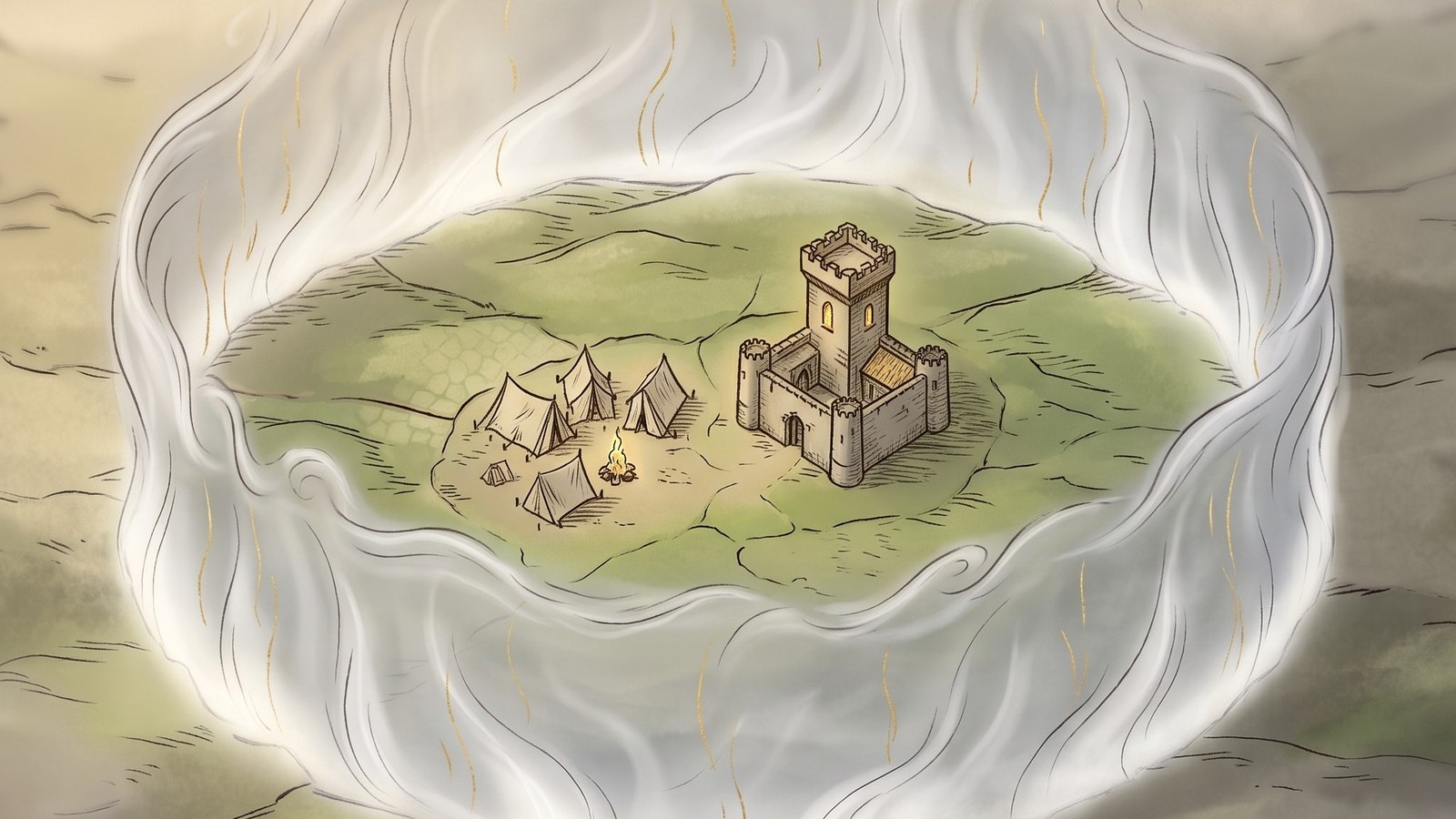A wall of silver mist standing at the edge of a settled land, drawn in pale ink and gold.