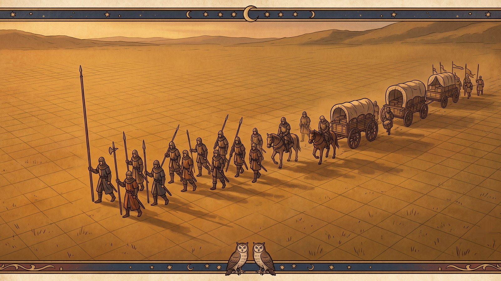 A column of soldiers and banners marching across misty country at dusk, drawn in warm ink and gold.