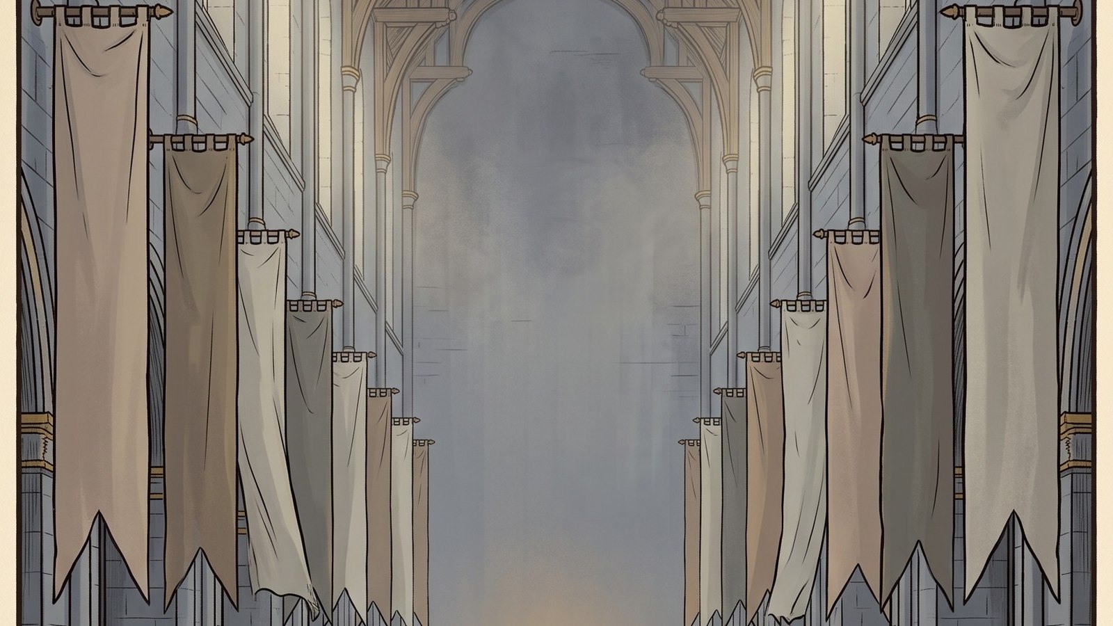 A council hall of cool stone hung with sixteen banners, drawn in warm ink and muted heraldic colour.