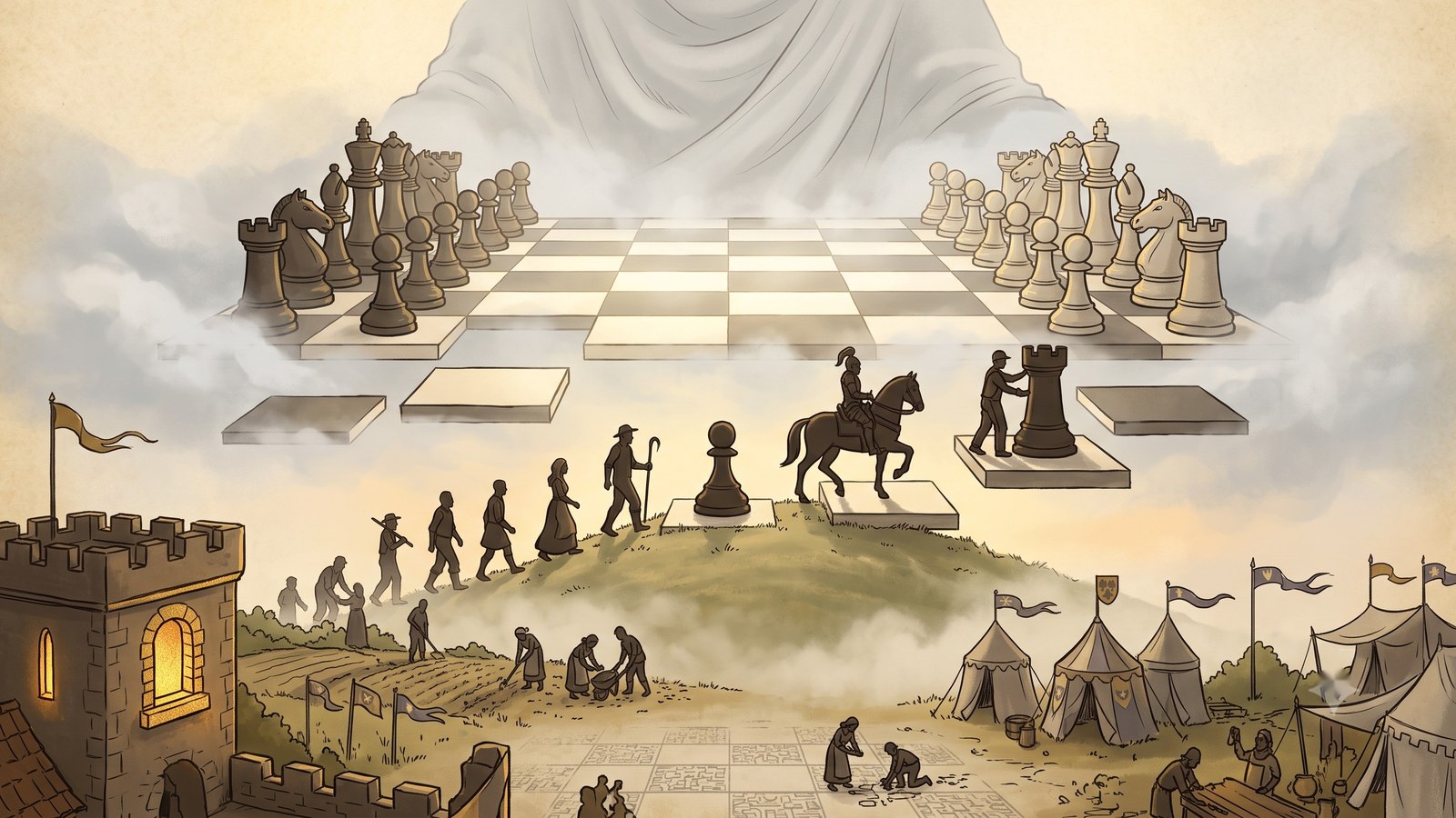 A keep at dawn on a mosaic of chessboard tiles, drawn as an illuminated manuscript page.